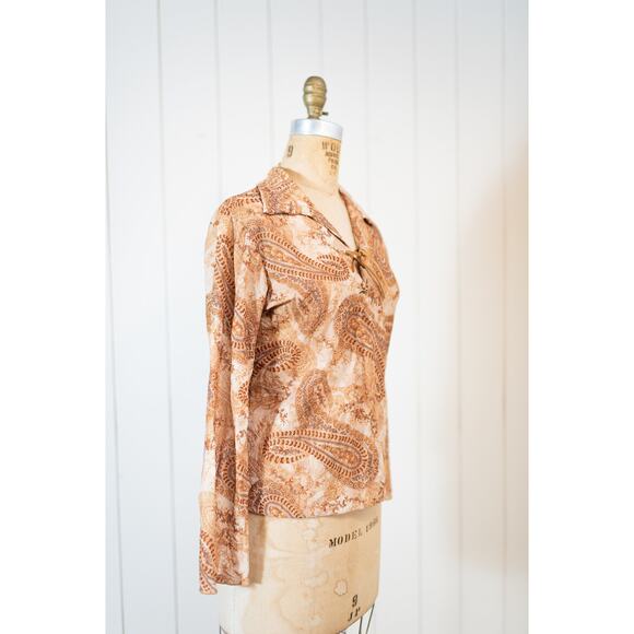 Vintage Y2K Boho Blouse M, Brown Cream Paisley Sheer Lace-Up V-Neck Hippie Shirt - Picture 5 of 13